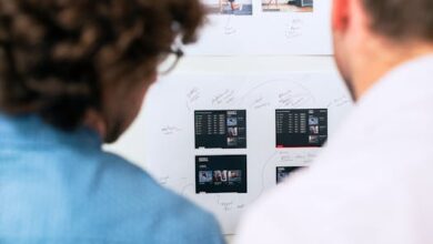 Two business professionals brainstorming and planning software development with a whiteboard in an office.